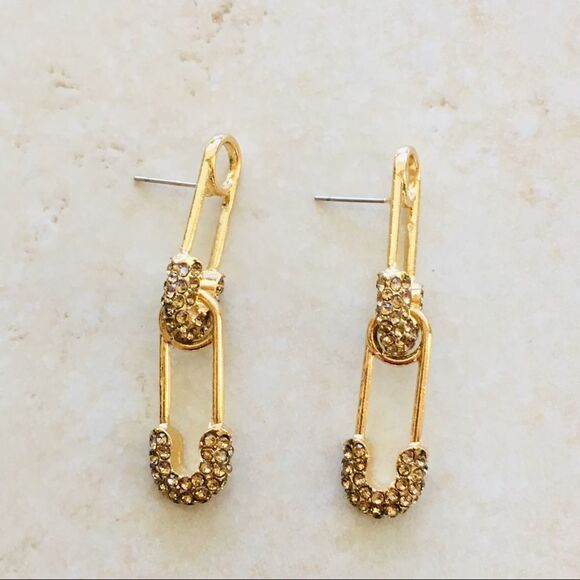 Double Safety Pin Gold Tone Crystal Rhinestone Earrings NWT - Picture 4 of 6
